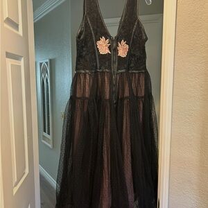 Anthropologie Black and Pink midi dress